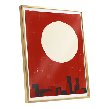 Crimson Quiet, red, beige, black minimalist wall art shown as a gold framed poster wall art print