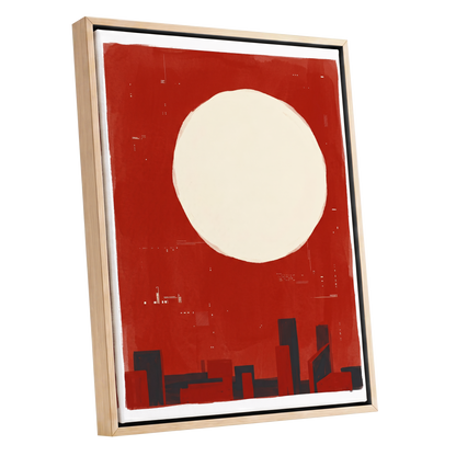 Crimson Quiet, red, beige, black minimalist wall art shown as a oak framed canvas wall art