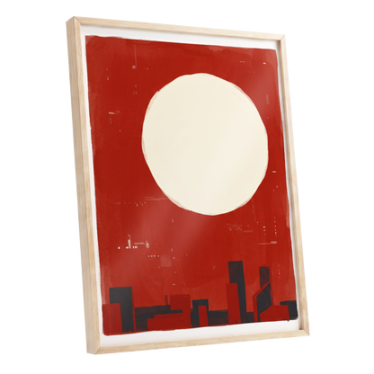 Crimson Quiet, red, beige, black minimalist wall art shown as a oak framed poster wall art print