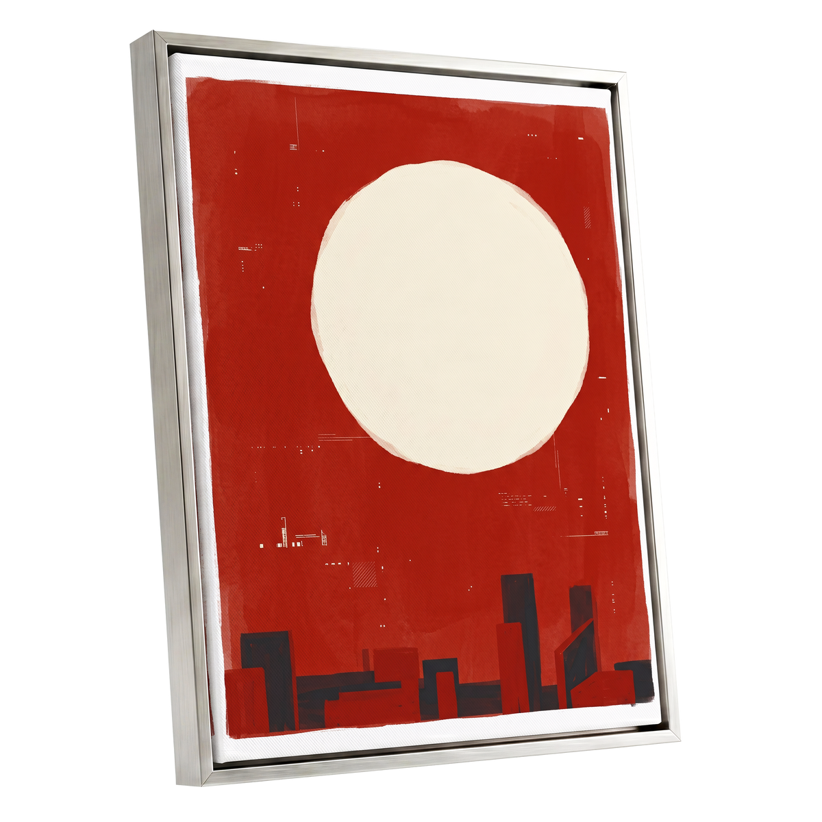 Crimson Quiet, red, beige, black minimalist wall art shown as a silver framed canvas wall art