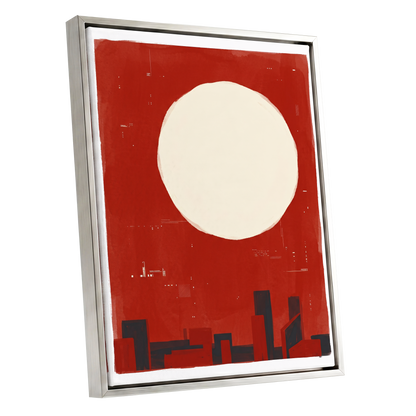 Crimson Quiet, red, beige, black minimalist wall art shown as a silver framed canvas wall art
