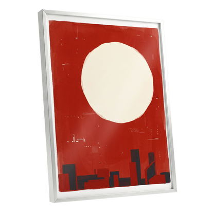 Crimson Quiet, red, beige, black minimalist wall art shown as a silver framed poster wall art print