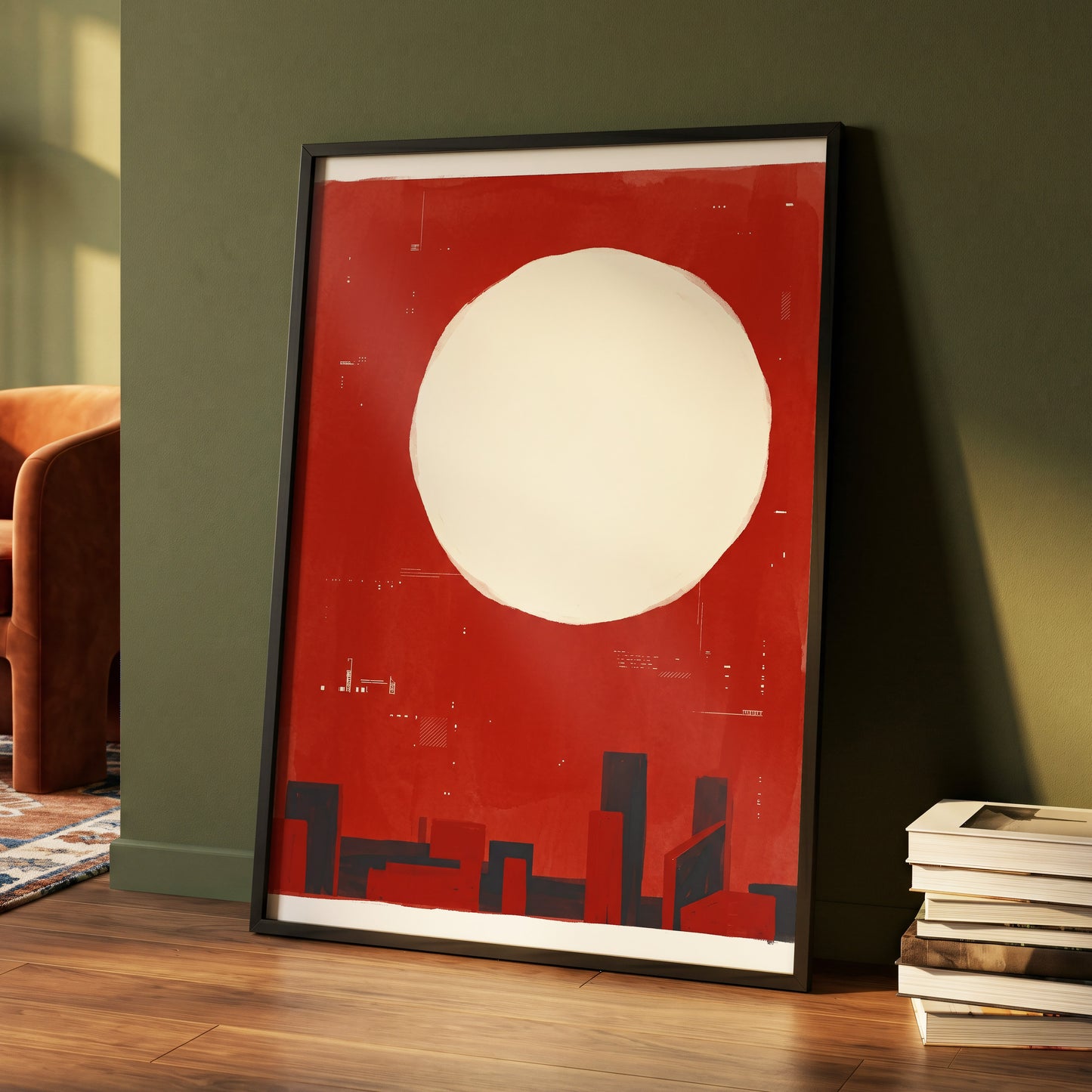 Crimson Quiet, red, beige, black minimalist wall art displayed in a styled interior, gallery view 4