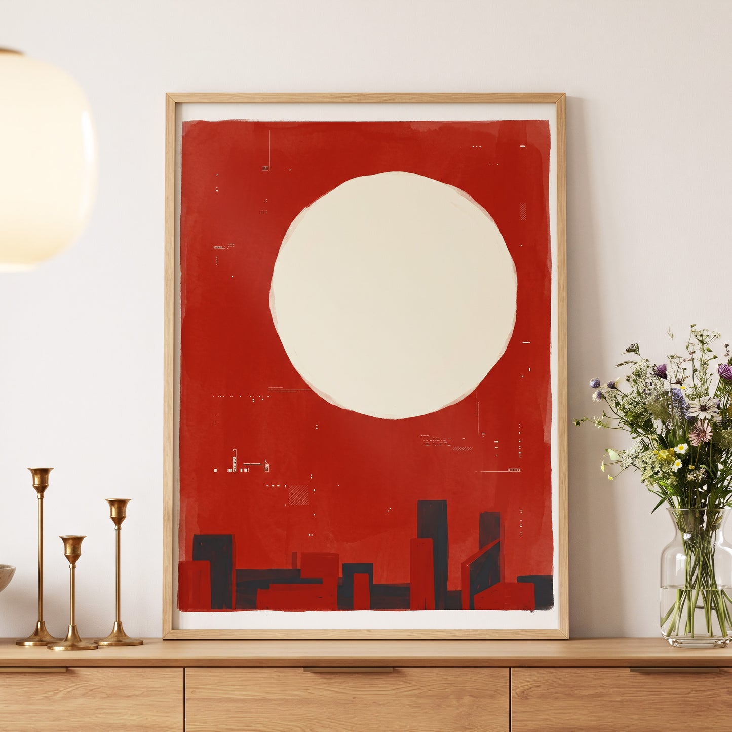 Crimson Quiet, red, beige, black minimalist wall art displayed in a styled interior, gallery view 5