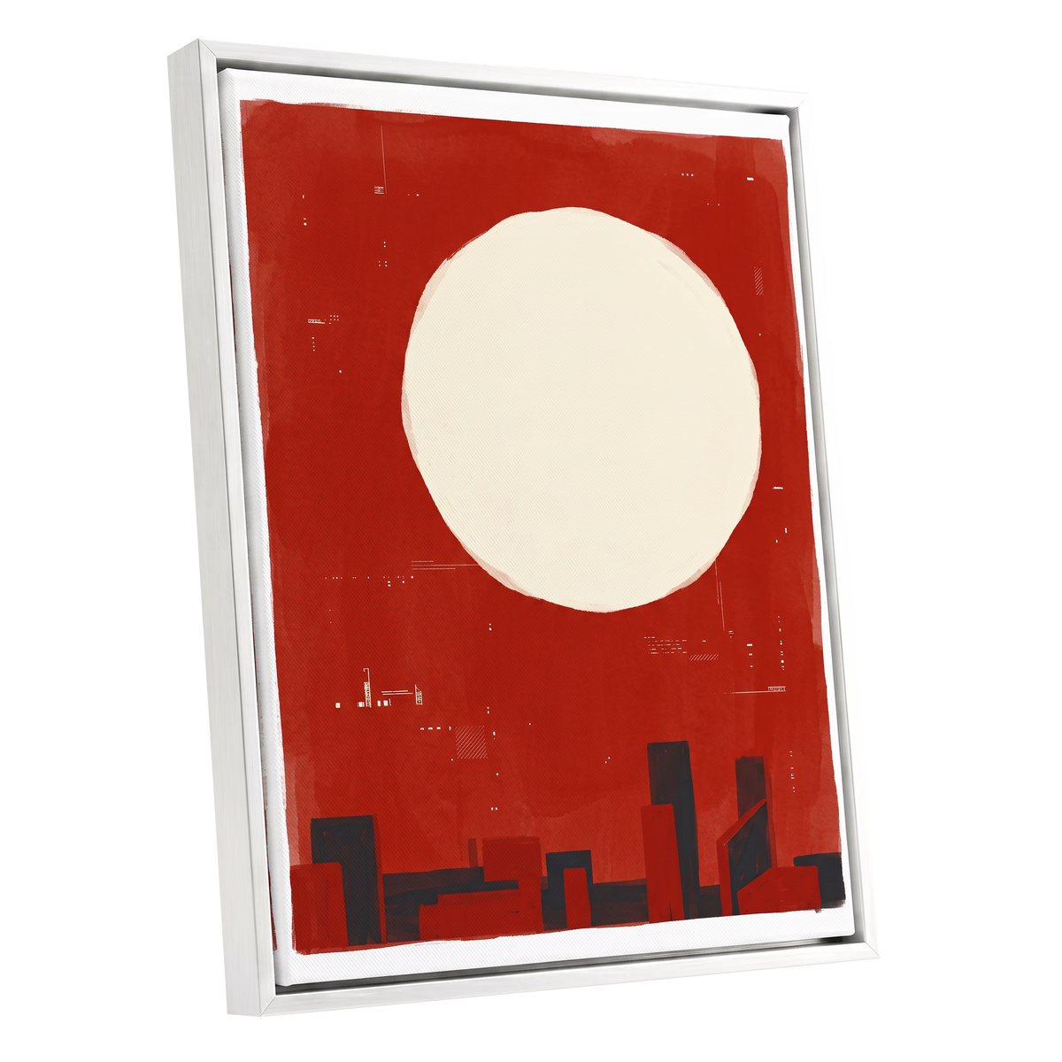 Crimson Quiet, red, beige, black minimalist wall art shown as a white framed canvas wall art