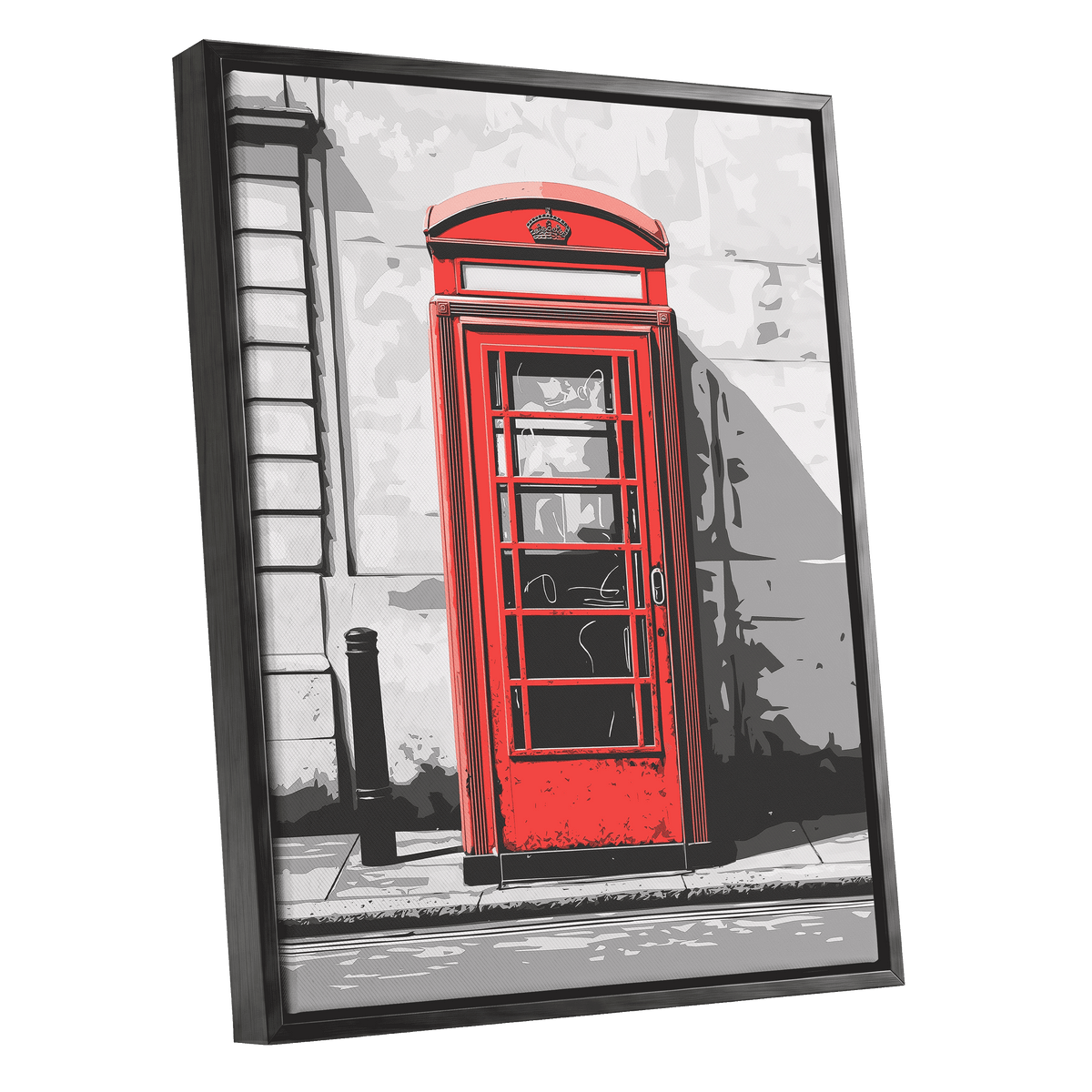 Crimson Street Calling, red, gray, black minimalist wall art shown as a black framed canvas wall art