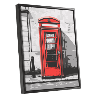Crimson Street Calling, red, gray, black minimalist wall art shown as a black framed canvas wall art