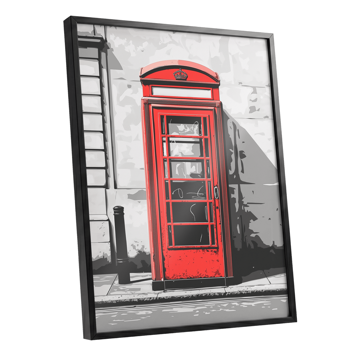 Crimson Street Calling, red, gray, black minimalist wall art shown as a black framed poster wall art print