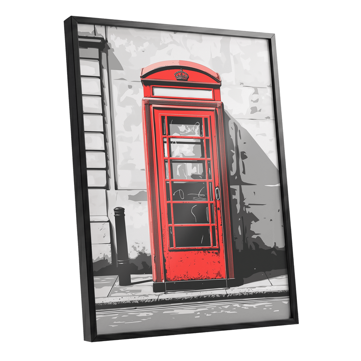 Crimson Street Calling, red, gray, black minimalist wall art shown as a black framed poster wall art print