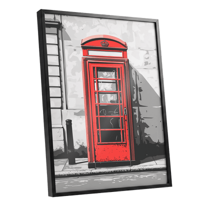 Crimson Street Calling, red, gray, black minimalist wall art shown as a black framed poster wall art print