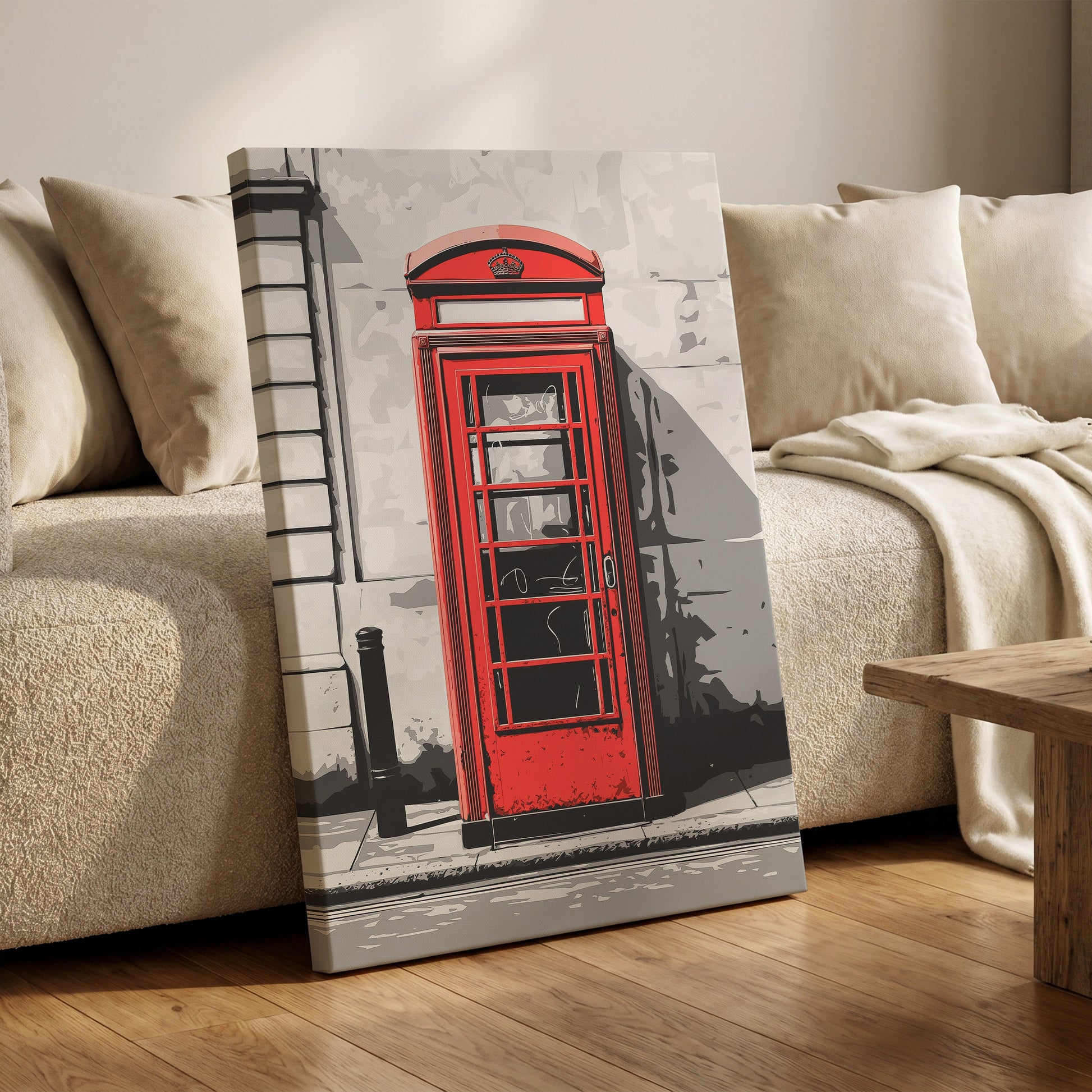 Crimson Street Calling, red, gray, black minimalist wall art on canvas displayed in a styled interior, gallery view 1