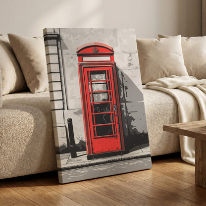 Crimson Street Calling, red, gray, black minimalist wall art on canvas displayed in a styled interior, gallery view 1