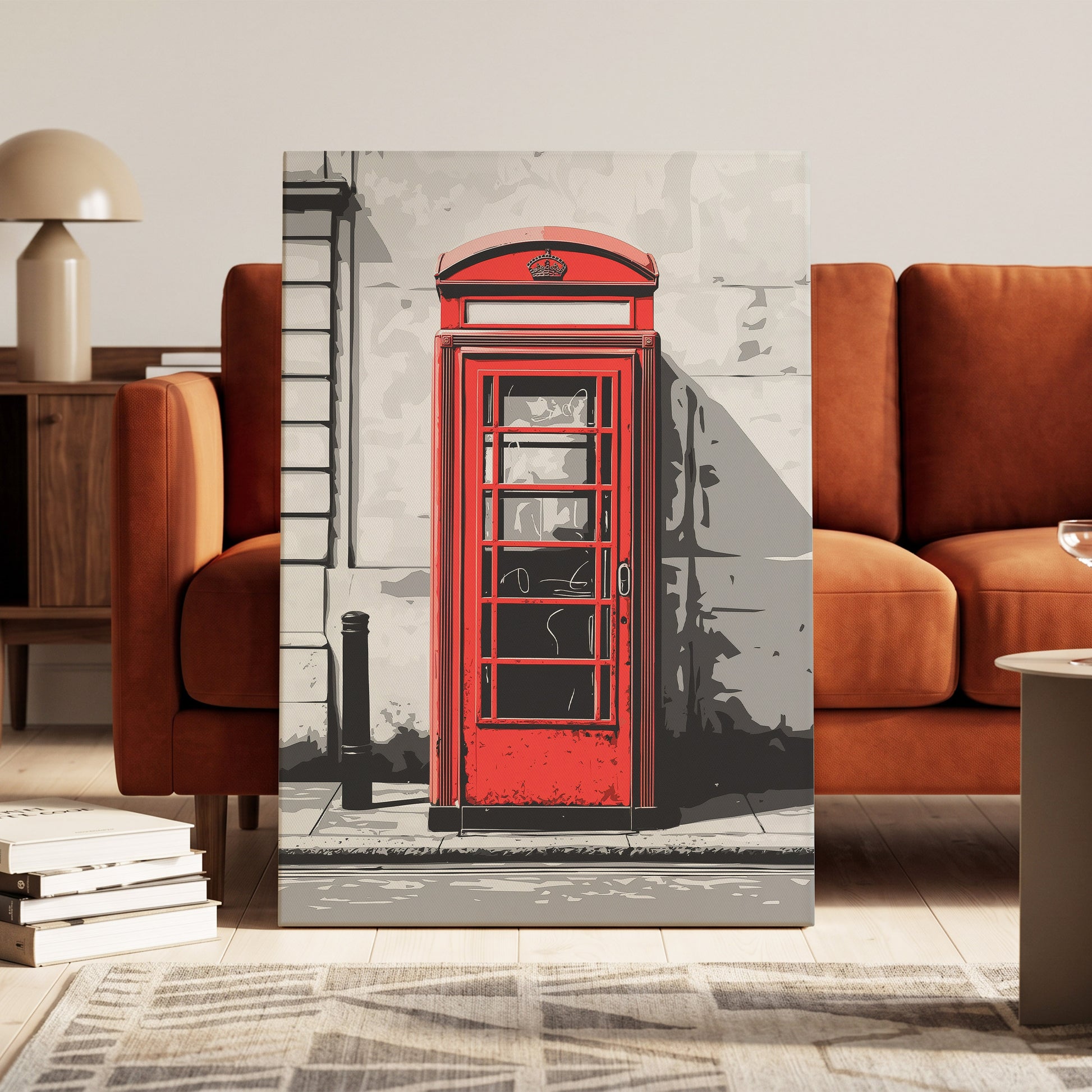 Crimson Street Calling, red, gray, black minimalist wall art on canvas displayed in a styled interior, gallery view 2