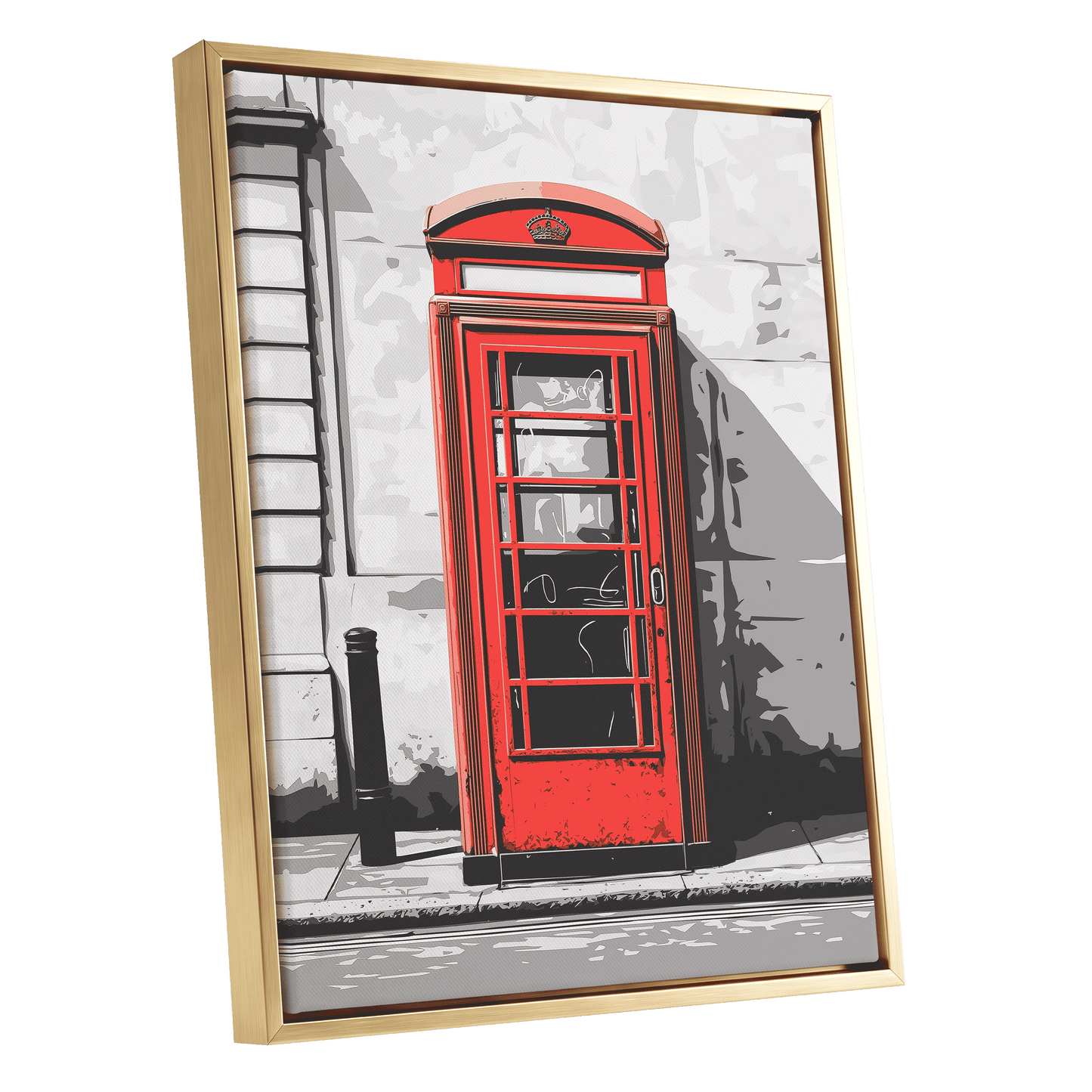Crimson Street Calling, red, gray, black minimalist wall art shown as a gold framed canvas wall art