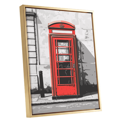 Crimson Street Calling, red, gray, black minimalist wall art shown as a gold framed canvas wall art