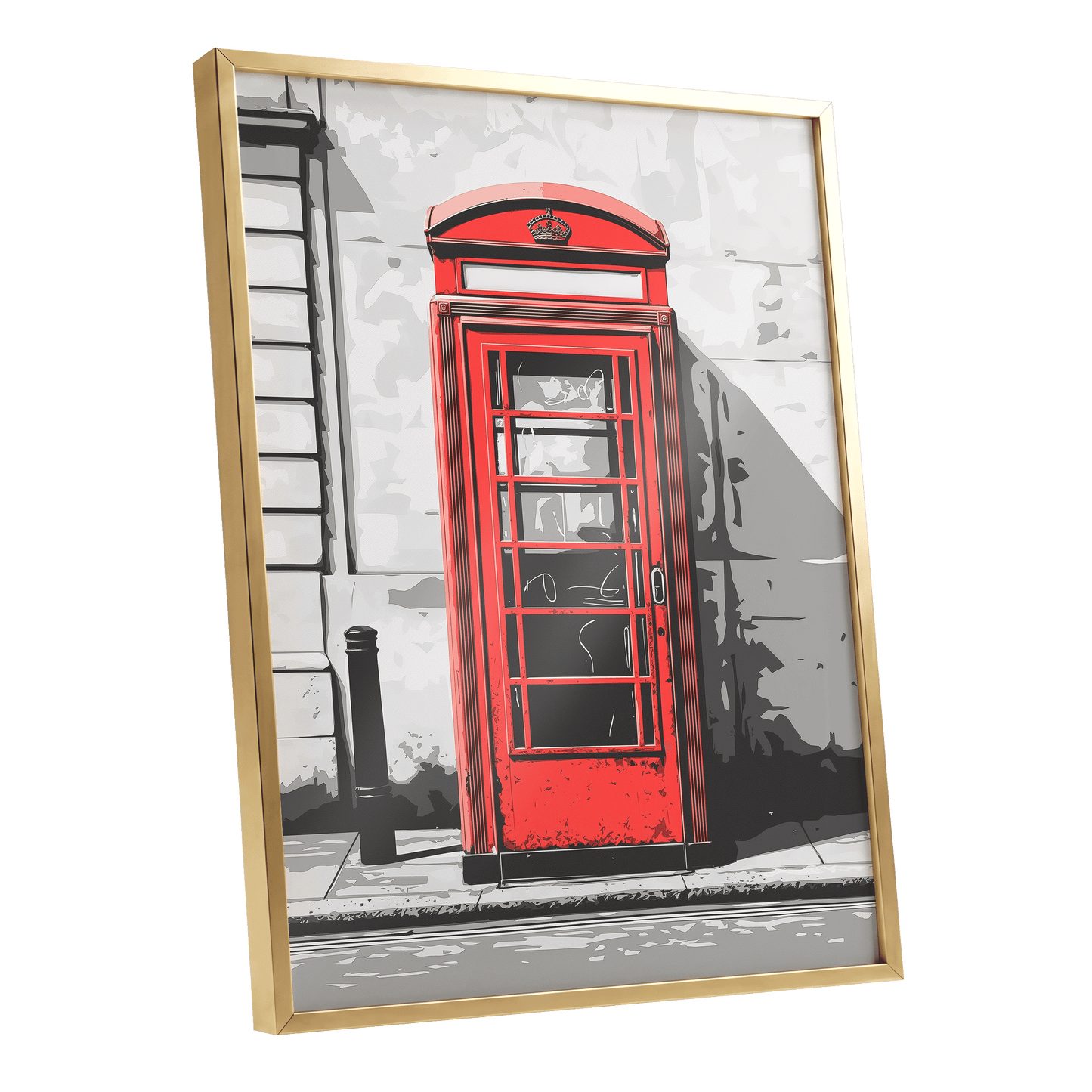 Crimson Street Calling, red, gray, black minimalist wall art shown as a gold framed poster wall art print