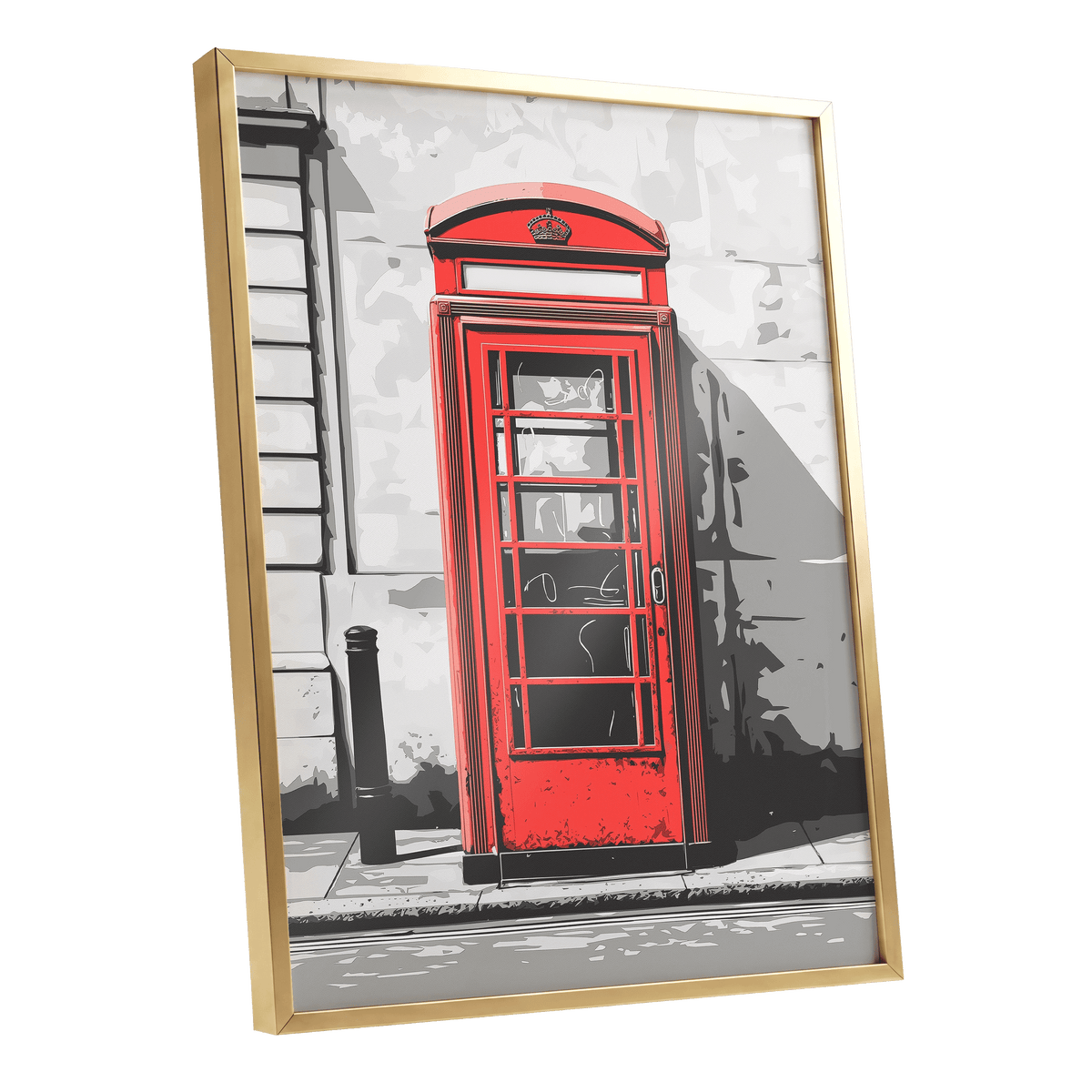 Crimson Street Calling, red, gray, black minimalist wall art shown as a gold framed poster wall art print