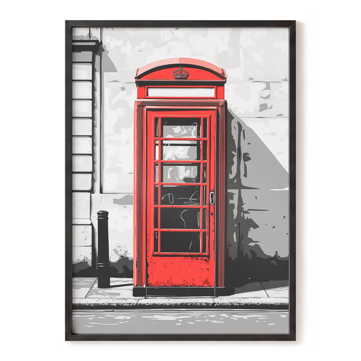 Crimson Street Calling, red, gray, black minimalist wall art, front artwork view