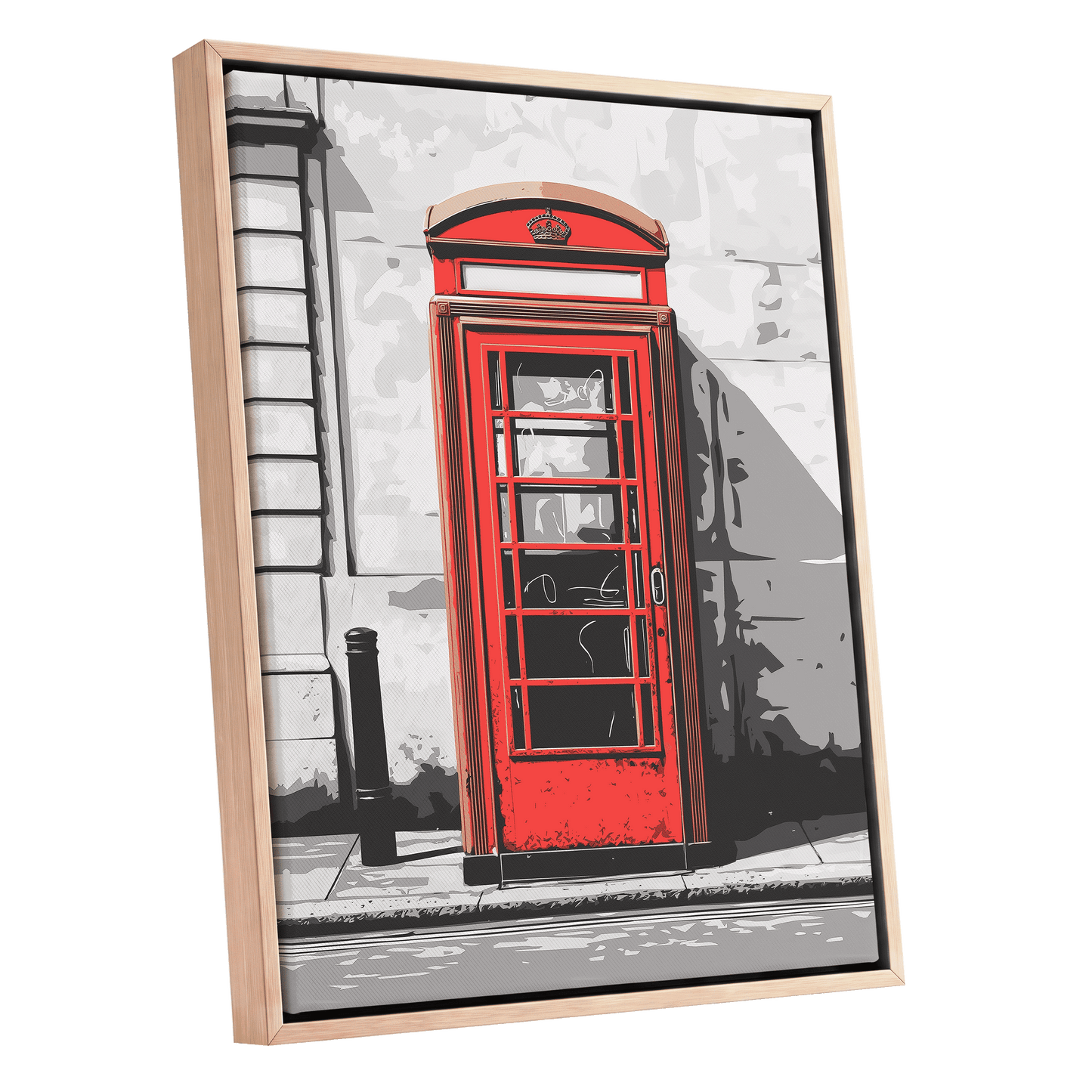 Crimson Street Calling, red, gray, black minimalist wall art shown as a oak framed canvas wall art