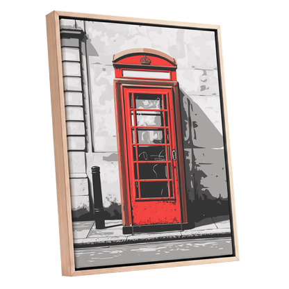 Crimson Street Calling, red, gray, black minimalist wall art shown as a oak framed canvas wall art