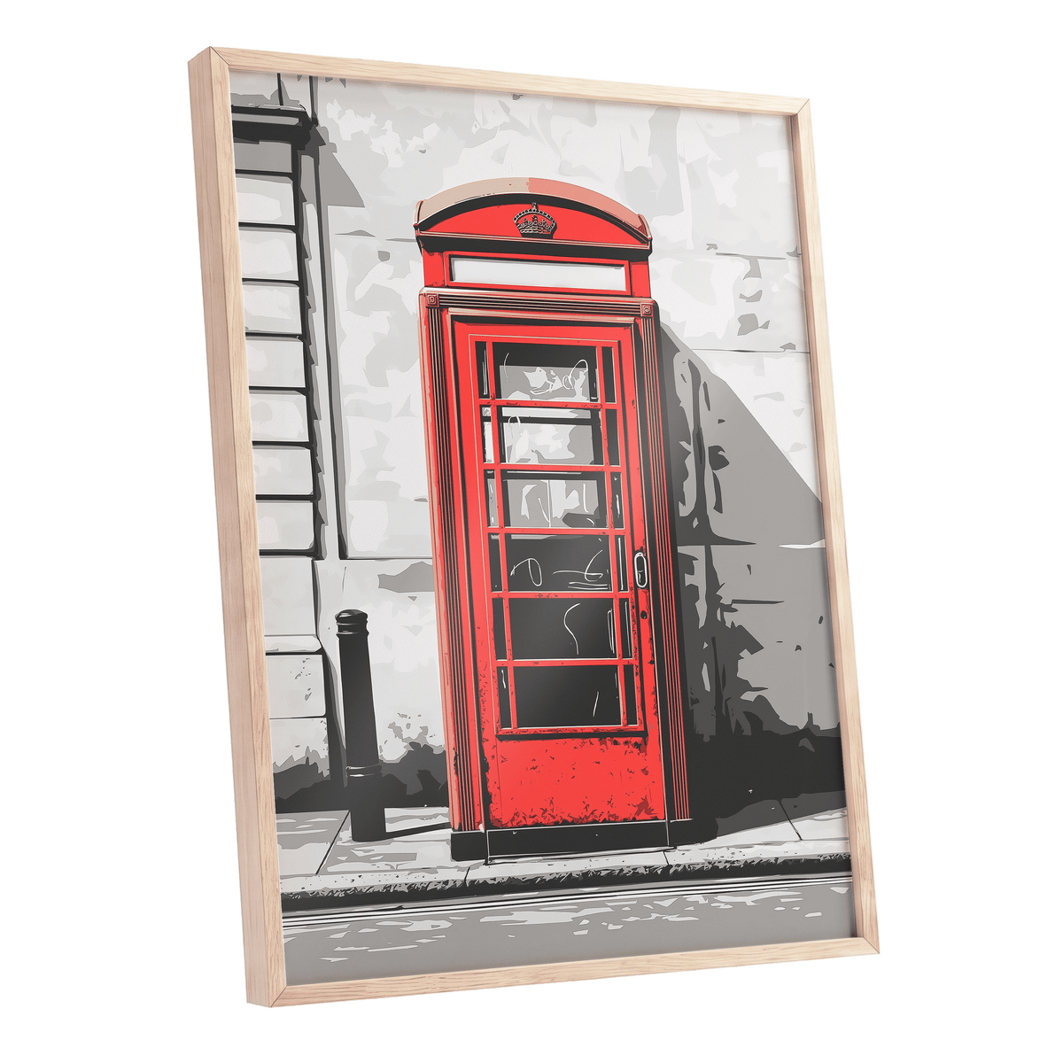 Crimson Street Calling, red, gray, black minimalist wall art shown as a oak framed poster wall art print