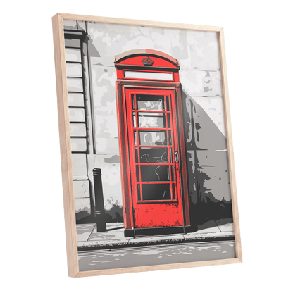 Crimson Street Calling, red, gray, black minimalist wall art shown as a oak framed poster wall art print