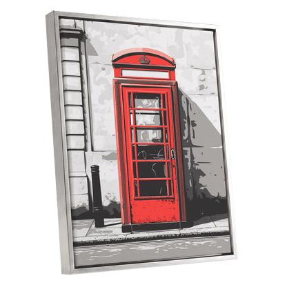 Crimson Street Calling, red, gray, black minimalist wall art shown as a silver framed canvas wall art