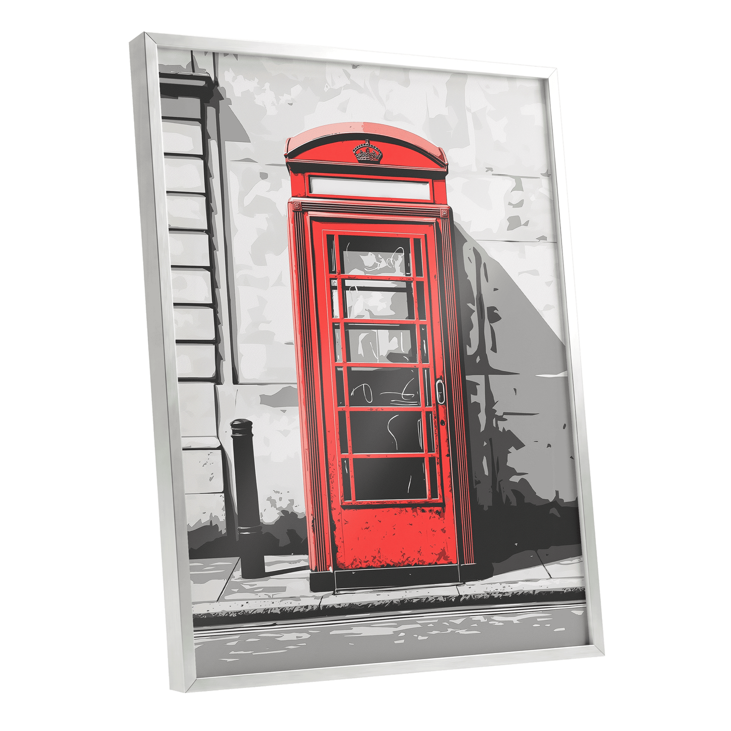 Crimson Street Calling, red, gray, black minimalist wall art shown as a silver framed poster wall art print