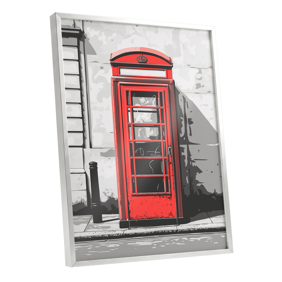 Crimson Street Calling, red, gray, black minimalist wall art shown as a silver framed poster wall art print