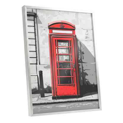 Crimson Street Calling, red, gray, black minimalist wall art shown as a silver framed poster wall art print