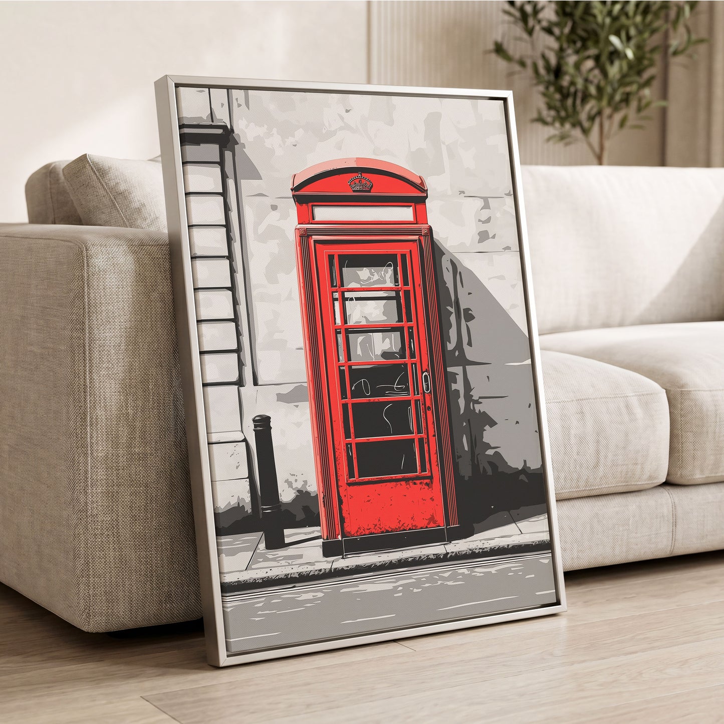 Crimson Street Calling, red, gray, black minimalist wall art displayed in a styled interior, gallery view 2