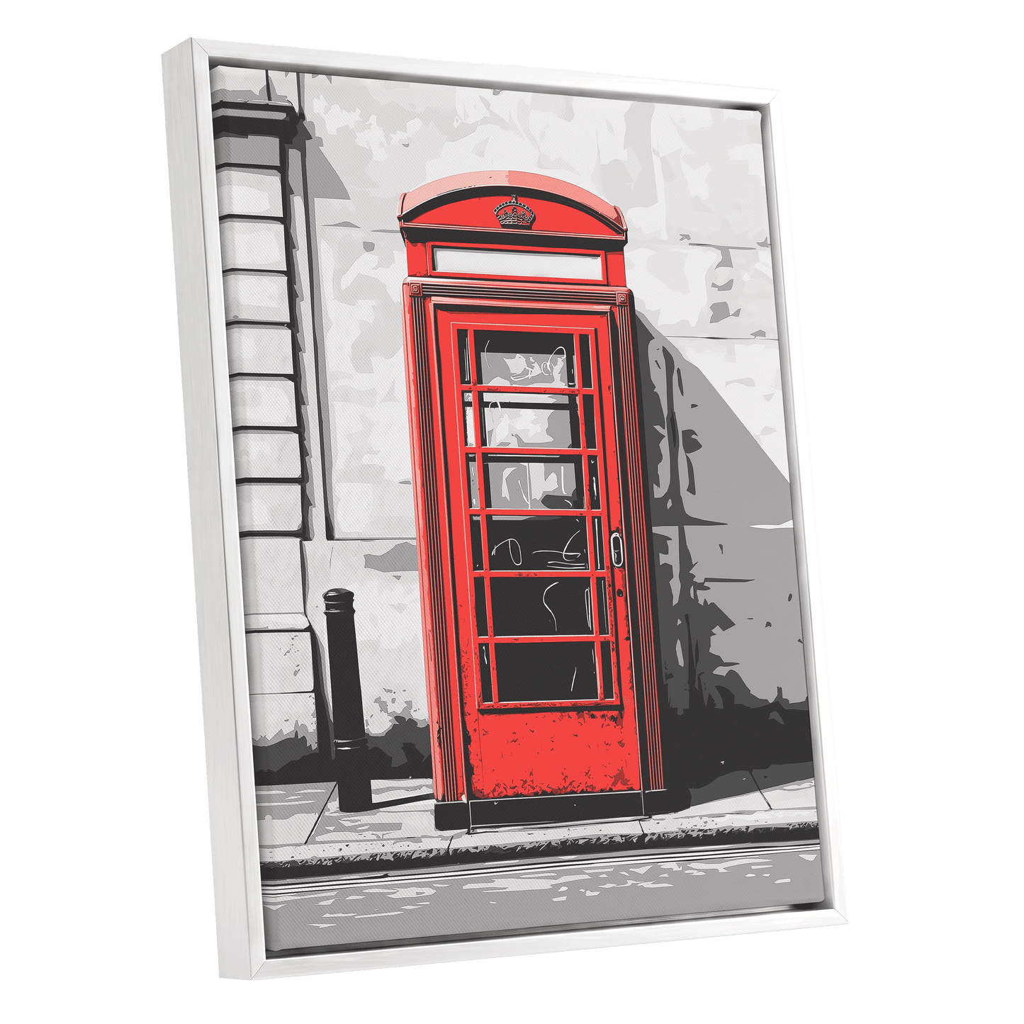 Crimson Street Calling, red, gray, black minimalist wall art shown as a white framed canvas wall art