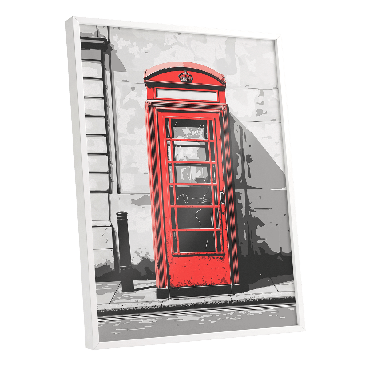 Crimson Street Calling, red, gray, black minimalist wall art shown as a white framed poster wall art print