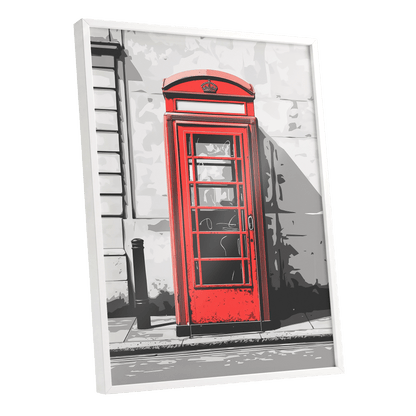 Crimson Street Calling, red, gray, black minimalist wall art shown as a white framed poster wall art print
