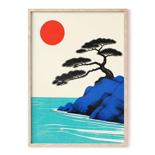 Crimson Sun Pine, blue, black, beige nature wall art, front artwork view