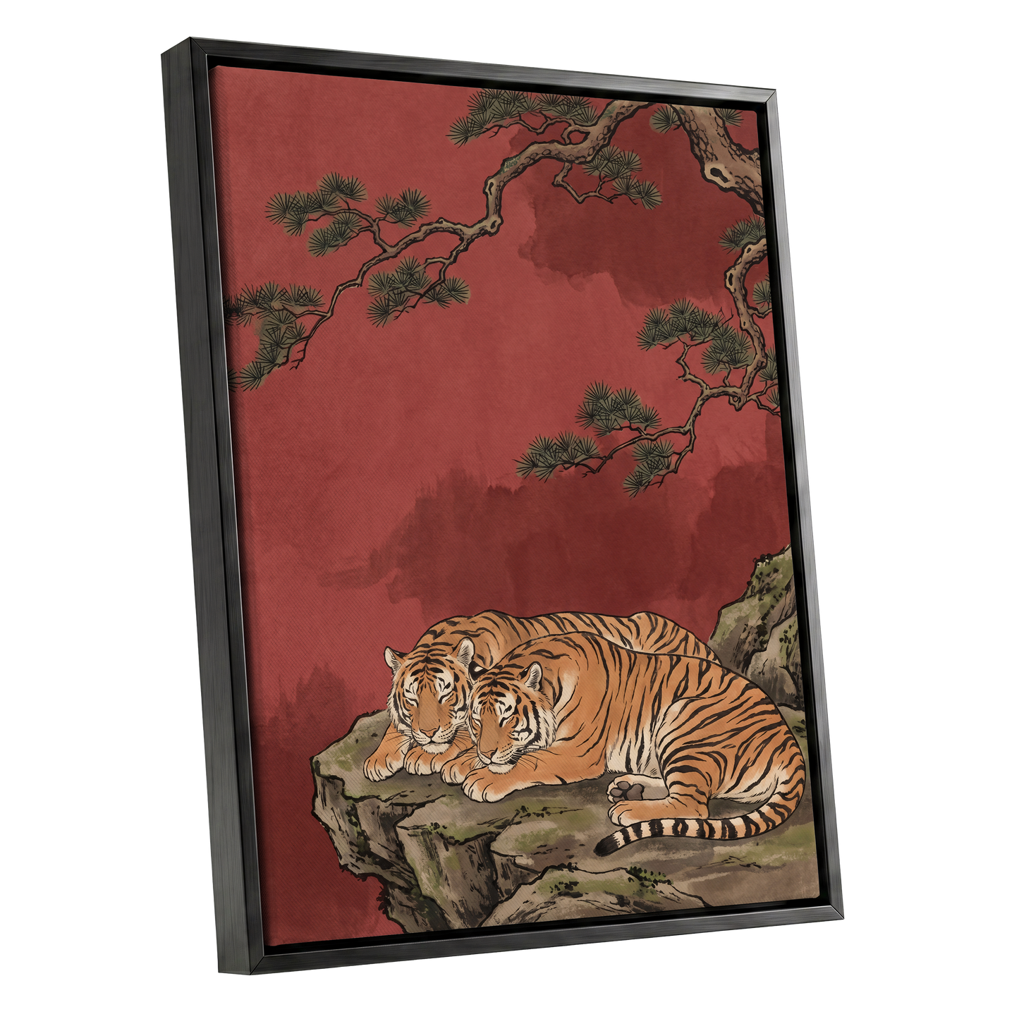 Crimson Tiger Repose, red, orange, black nature wall art shown as a black framed canvas wall art
