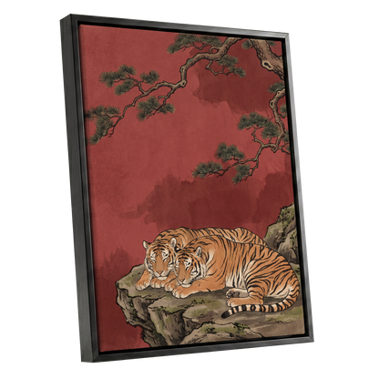 Crimson Tiger Repose, red, orange, black nature wall art shown as a black framed canvas wall art