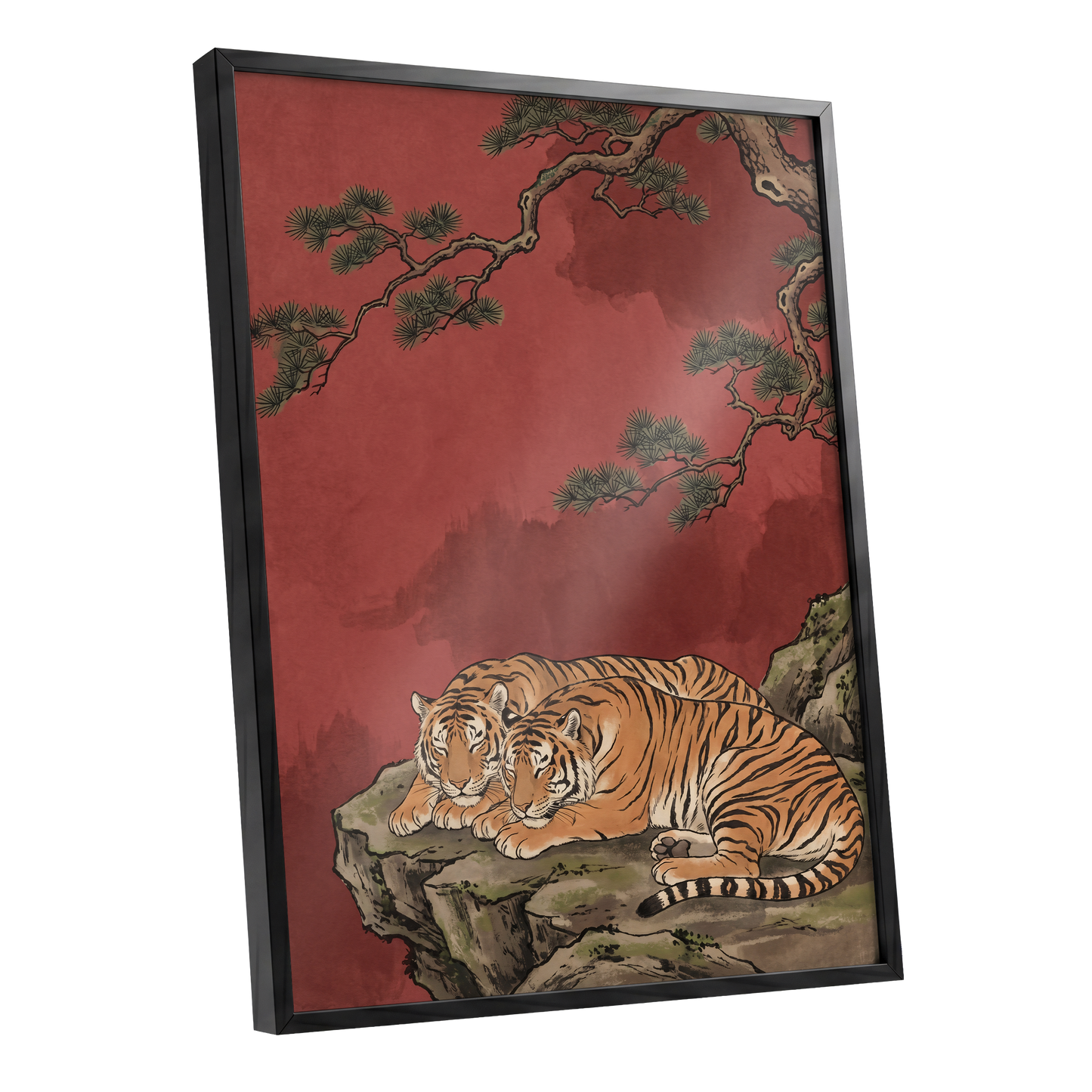 Crimson Tiger Repose, red, orange, black nature wall art shown as a black framed poster wall art print