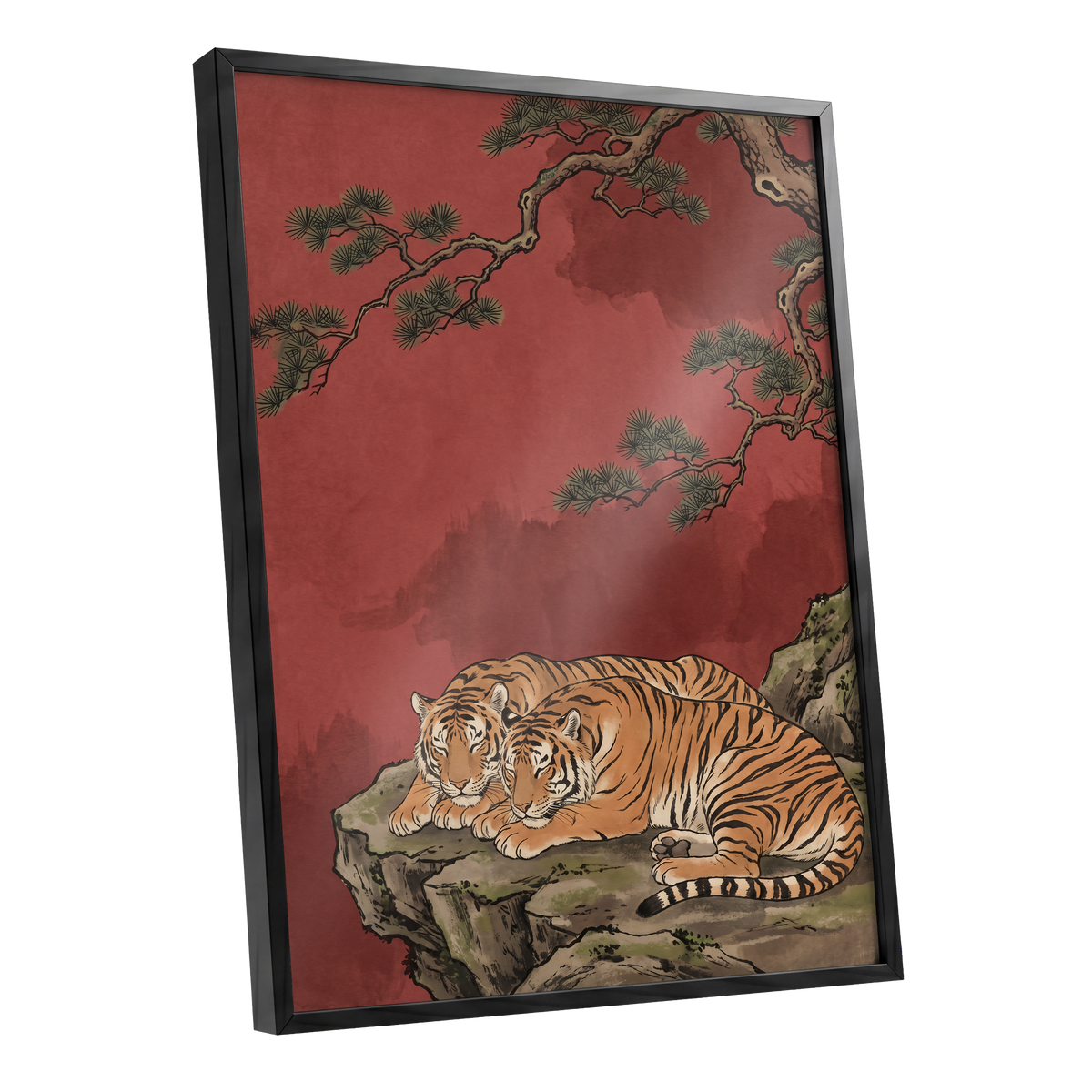 Crimson Tiger Repose, red, orange, black nature wall art shown as a black framed poster wall art print
