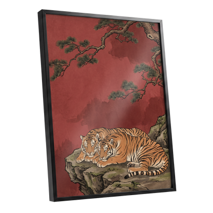 Crimson Tiger Repose, red, orange, black nature wall art shown as a black framed poster wall art print