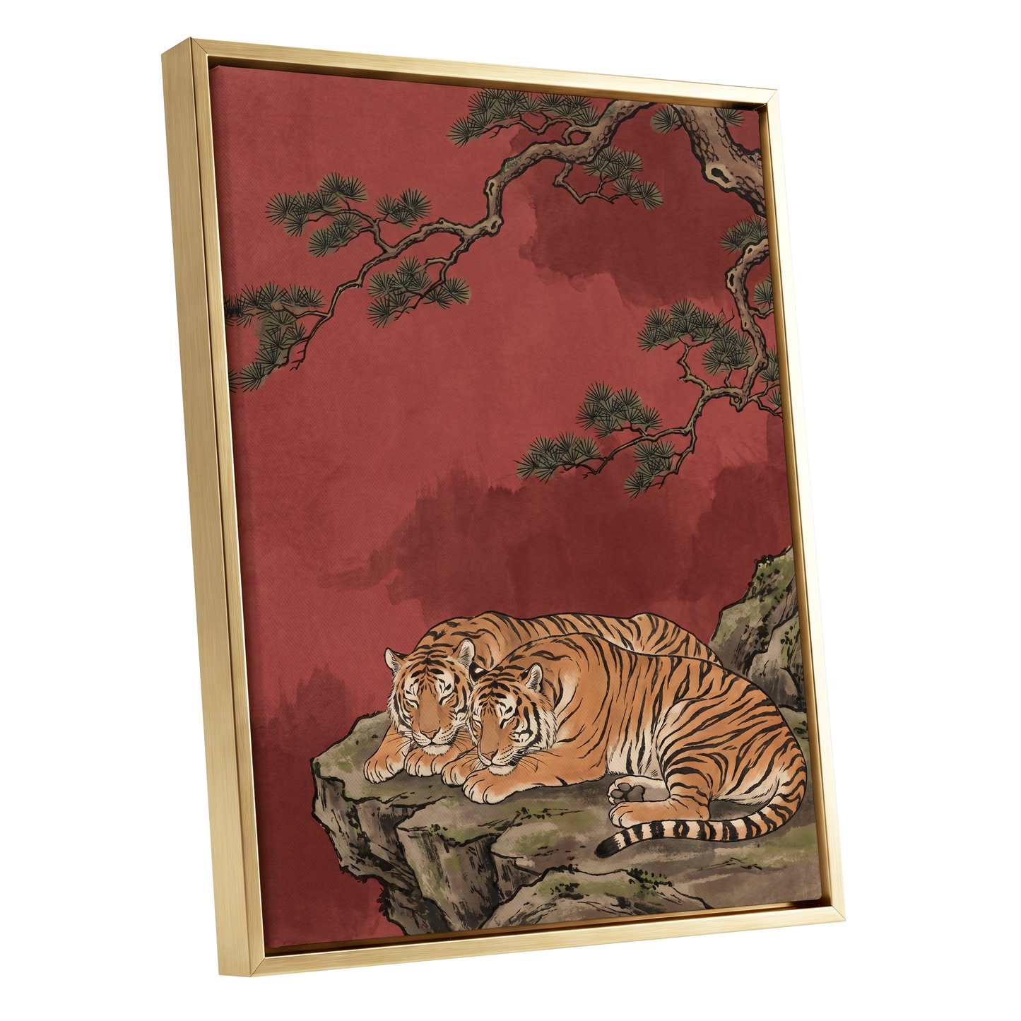 Crimson Tiger Repose, red, orange, black nature wall art shown as a gold framed canvas wall art