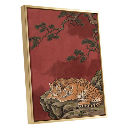 Crimson Tiger Repose, red, orange, black nature wall art shown as a gold framed canvas wall art