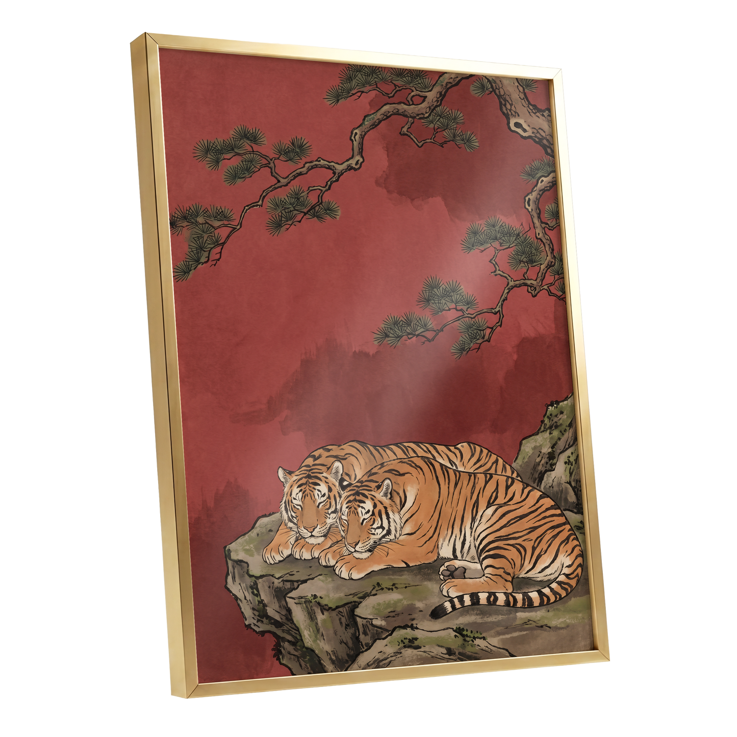 Crimson Tiger Repose, red, orange, black nature wall art shown as a gold framed poster wall art print