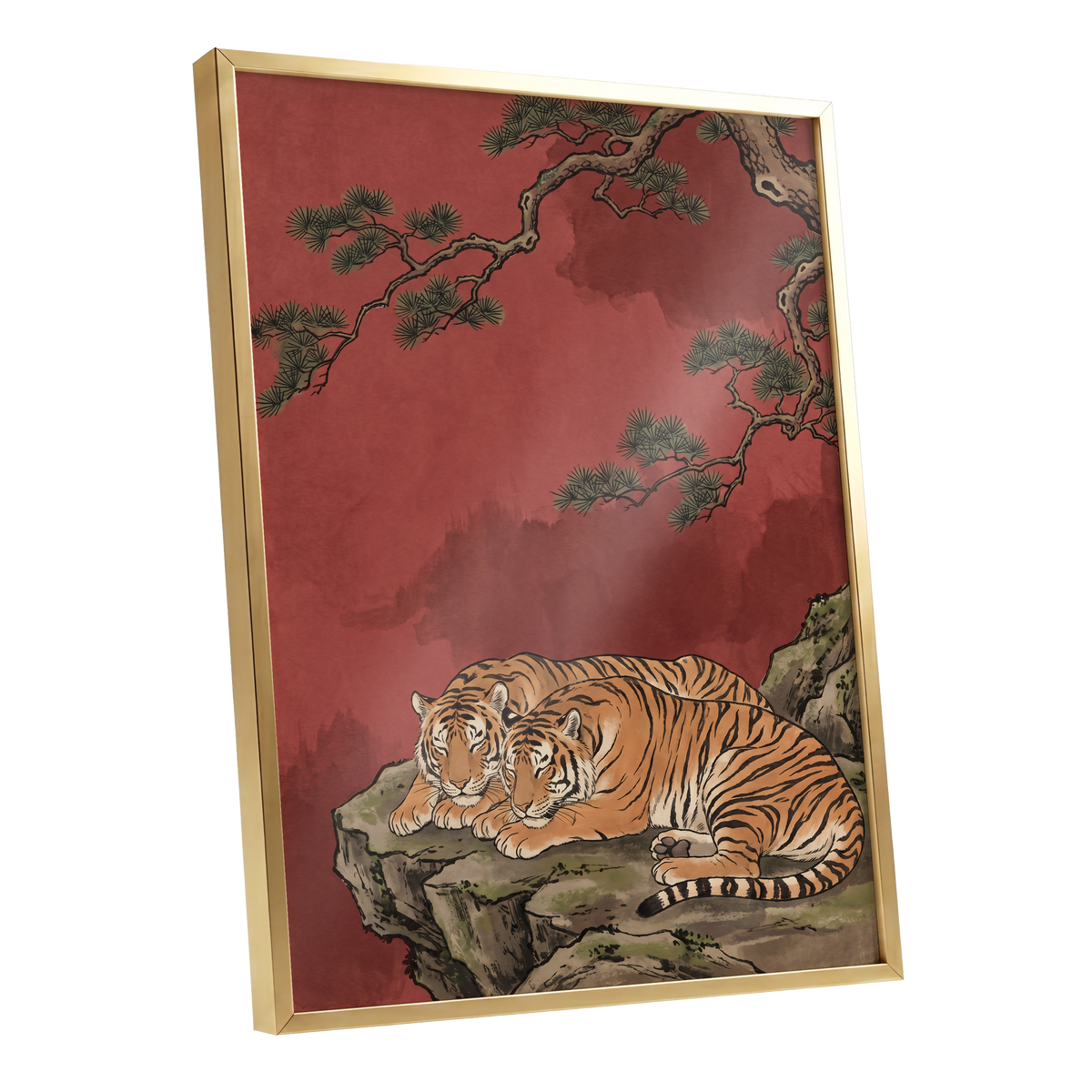 Crimson Tiger Repose, red, orange, black nature wall art shown as a gold framed poster wall art print