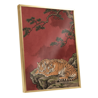 Crimson Tiger Repose, red, orange, black nature wall art shown as a gold framed poster wall art print