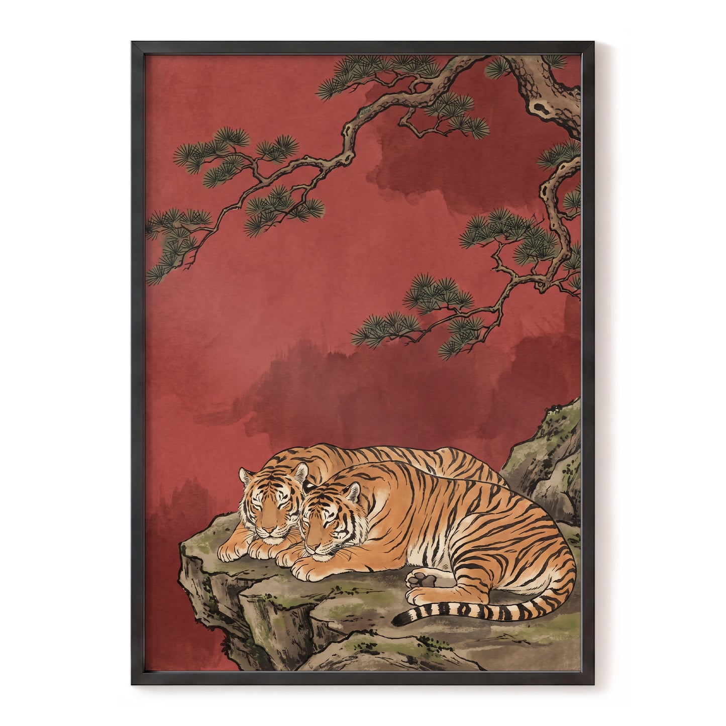 Crimson Tiger Repose, red, orange, black nature wall art, front artwork view