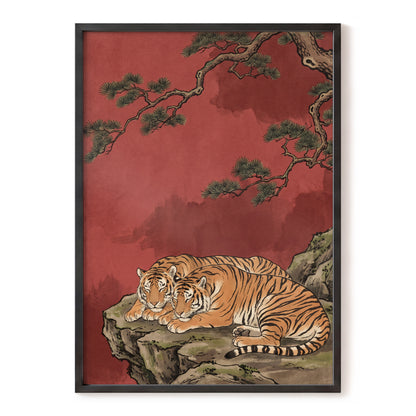Crimson Tiger Repose, red, orange, black nature wall art, front artwork view