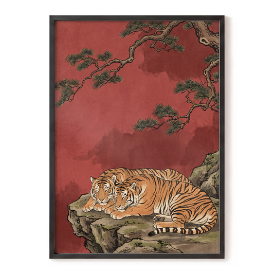 Crimson Tiger Repose, red, orange, black nature wall art, front artwork view