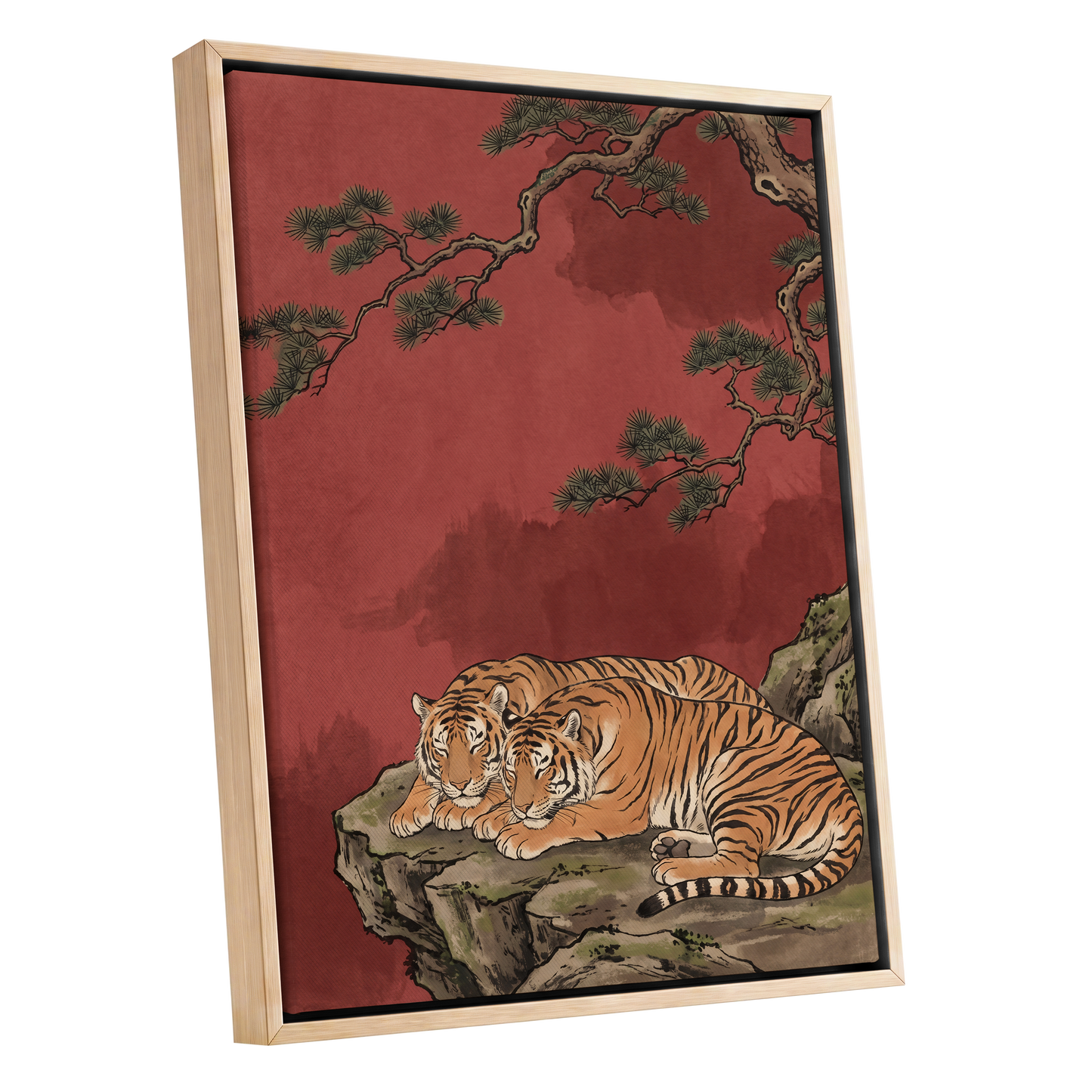 Crimson Tiger Repose, red, orange, black nature wall art shown as a oak framed canvas wall art