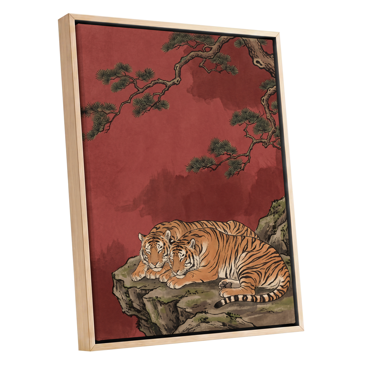 Crimson Tiger Repose, red, orange, black nature wall art shown as a oak framed canvas wall art